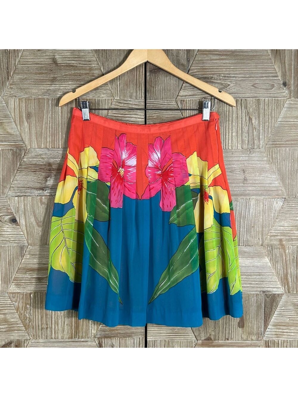 Bandolino Tropical A-Line Pleated Floral Midi Skirt Multicolor Size 14P Coastal